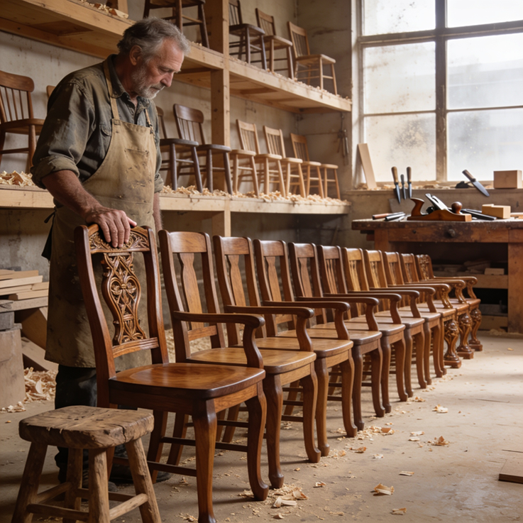 Experienced furniture craftsman standing beside a row of progressively better handmade wooden chairs in a workshop, symbolizing years of learning, improvement, and continuous growth in business.