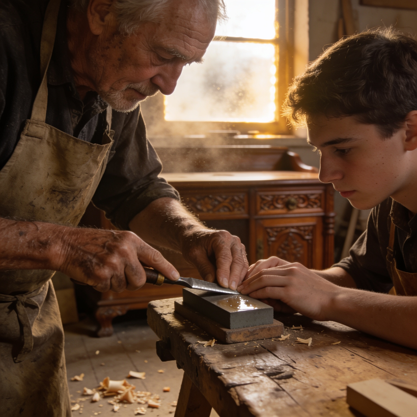 Experienced woodworker teaching a young apprentice how to sharpen a woodworking chisel at a traditional workbench.