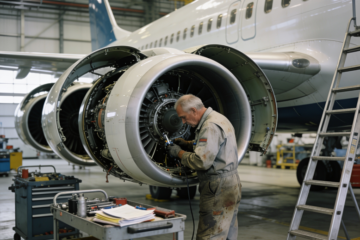 Aircraft mechanic carefully servicing a single jet engine inside a maintenance hangar while the rest of the aircraft remains untouched, symbolizing focused improvement.