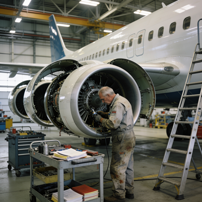 Aircraft mechanic carefully servicing a single jet engine inside a maintenance hangar while the rest of the aircraft remains untouched, symbolizing focused improvement.
