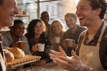 A smiling baker shares a story with customers gathered around fresh bread and coffee, illustrating how genuine conversations create meaningful connections.