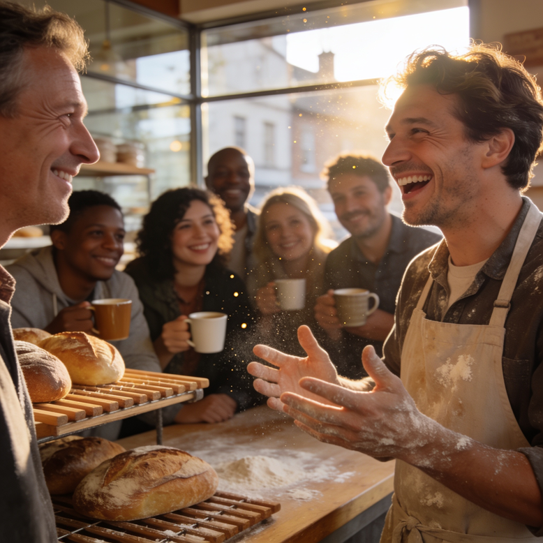 A smiling baker shares a story with customers gathered around fresh bread and coffee, illustrating how genuine conversations create meaningful connections.
