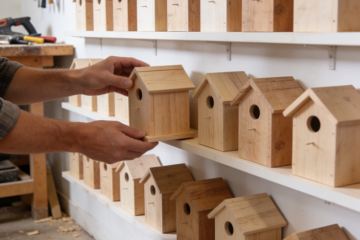 Rows of handcrafted wooden birdhouses on workshop shelves as a craftsperson places another finished birdhouse among them, symbolizing consistent work over time.