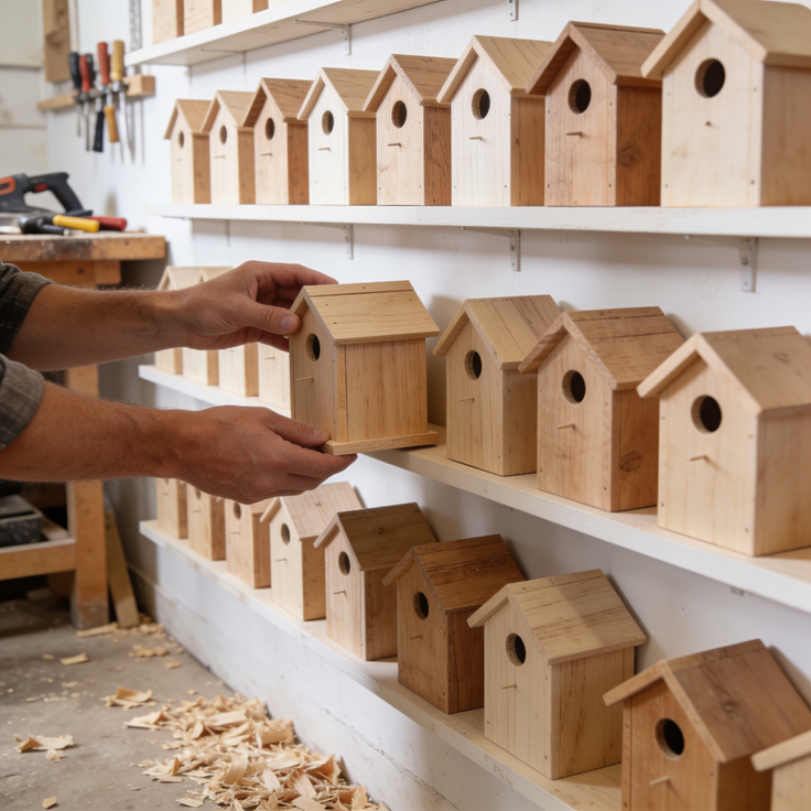Rows of handcrafted wooden birdhouses on workshop shelves as a craftsperson places another finished birdhouse among them, symbolizing consistent work over time.
