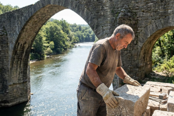 Stone mason carefully restoring a centuries old stone bridge over a river, symbolizing the process of building lasting business assets that stand the test of time.