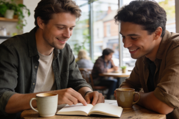 Two people sharing coffee while discussing notes at a café, representing helpful conversations and relationship focused email marketing.