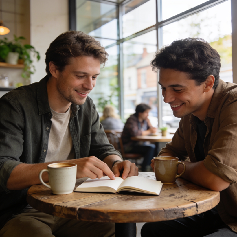 Two people sharing coffee while discussing notes at a café, representing helpful conversations and relationship focused email marketing.