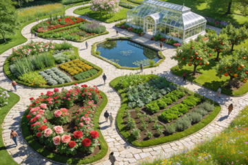Aerial view of a beautifully designed botanical garden with winding pathways connecting themed gardens, a greenhouse, pond, orchard, and flower beds, representing a connected content ecosystem.