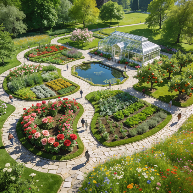 Aerial view of a beautifully designed botanical garden with winding pathways connecting themed gardens, a greenhouse, pond, orchard, and flower beds, representing a connected content ecosystem.
