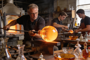 Master glassblower transforming one glowing ball of molten glass into multiple finished glass creations in a busy artisan workshop.