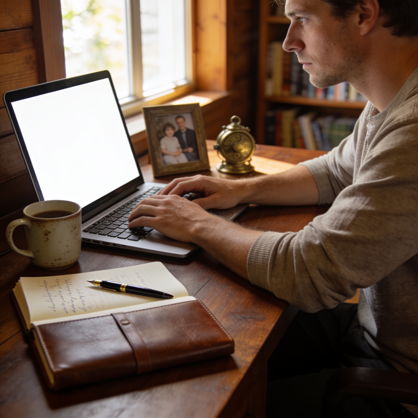 Person writing an email at a home office desk with a laptop, notebook, coffee mug, family photo, and journal, showing a personal approach to email marketing.