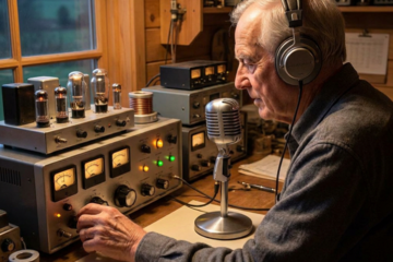 Experienced amateur radio operator listening for incoming transmissions while adjusting vintage radio equipment, symbolizing consistent communication and patiently waiting for responses from an audience.