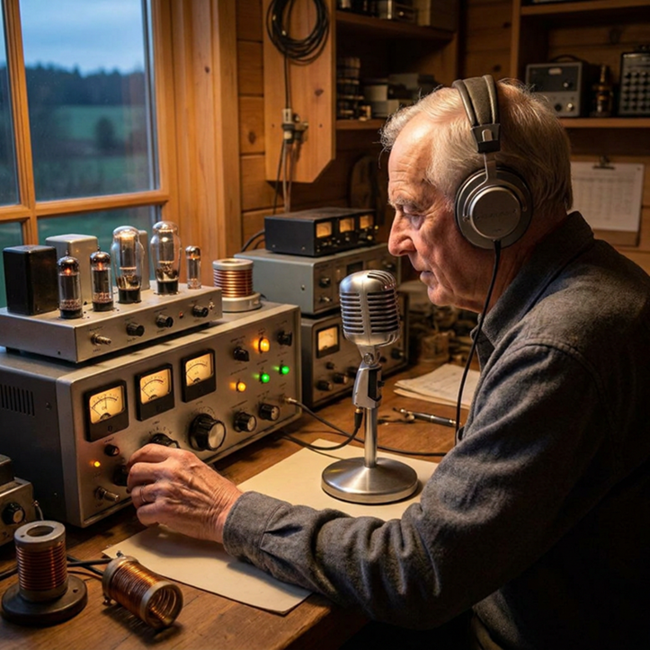 Experienced amateur radio operator listening for incoming transmissions while adjusting vintage radio equipment, symbolizing consistent communication and patiently waiting for responses from an audience.