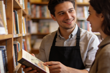 Bookseller recommending a single book to a customer inside a welcoming independent bookstore.