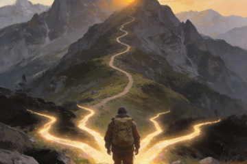 An illustrated mountain landscape showing a lone hiker choosing the long winding trail while glowing shortcut paths branch away and disappear, symbolizing the choice to build long term success over chasing quick wins.