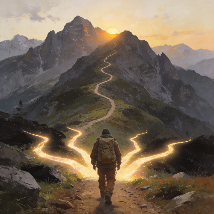 An illustrated mountain landscape showing a lone hiker choosing the long winding trail while glowing shortcut paths branch away and disappear, symbolizing the choice to build long term success over chasing quick wins.