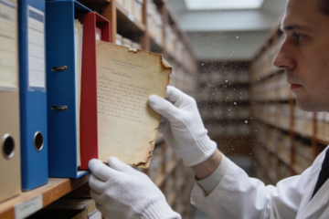 Archivist wearing white gloves carefully replacing an old document with an updated version inside a well-organized archive.