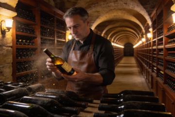A wine cellar master carefully inspects a bottle surrounded by rows of aging wine, representing evergreen content that becomes more valuable over time.