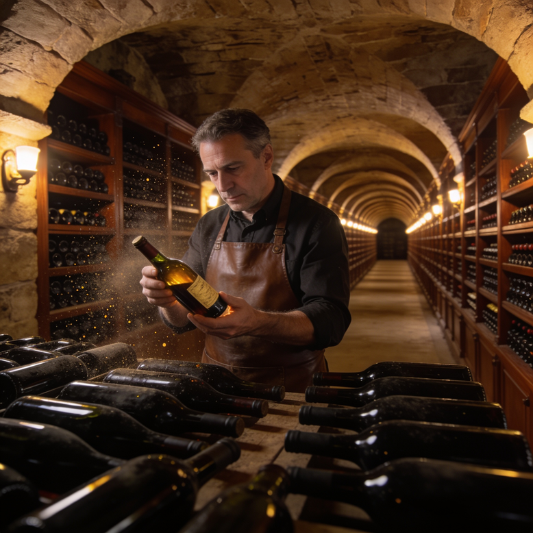 A wine cellar master carefully inspects a bottle surrounded by rows of aging wine, representing evergreen content that becomes more valuable over time.