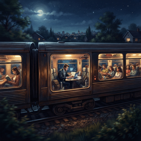 Illustration of a commuter working on a laptop aboard a train at night while other passengers travel home.
